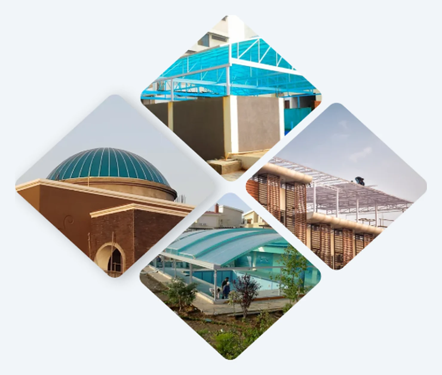 Four completed V-LITE polycarbonate projects - a glazed dome, a blue corrugated roof, a curved walkway canopy and a shed roof
