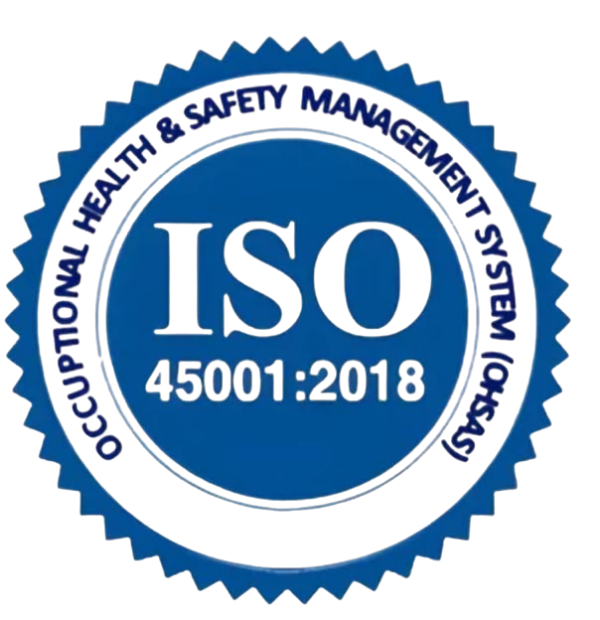 ISO 45001:2018 occupational health and safety management system mark.