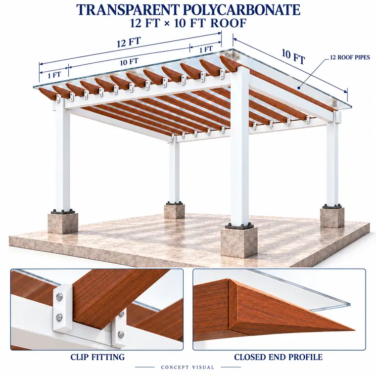 Transparent polycarbonate 12 ft by 10 ft roof - dimensioned concept drawing with clip fitting and closed end profile details