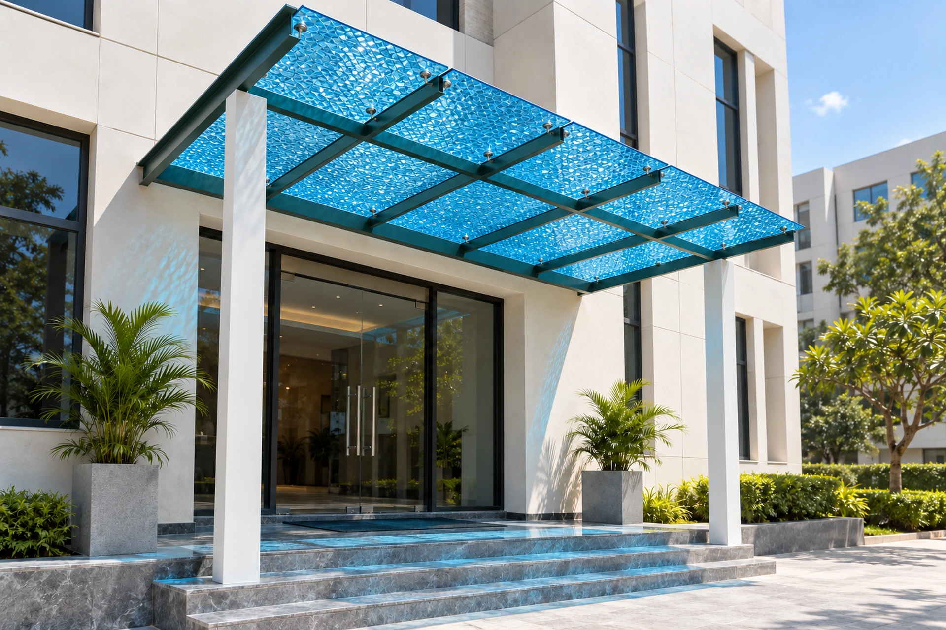 V-LITE Diamond polycarbonate canopy with irregular crystalline surface texture — visualisation