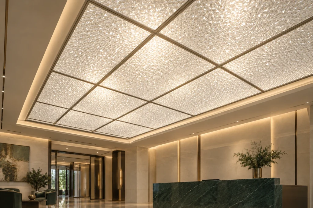 V-LITE Diamond polycarbonate ceiling with irregular crystalline surface texture — visualisation