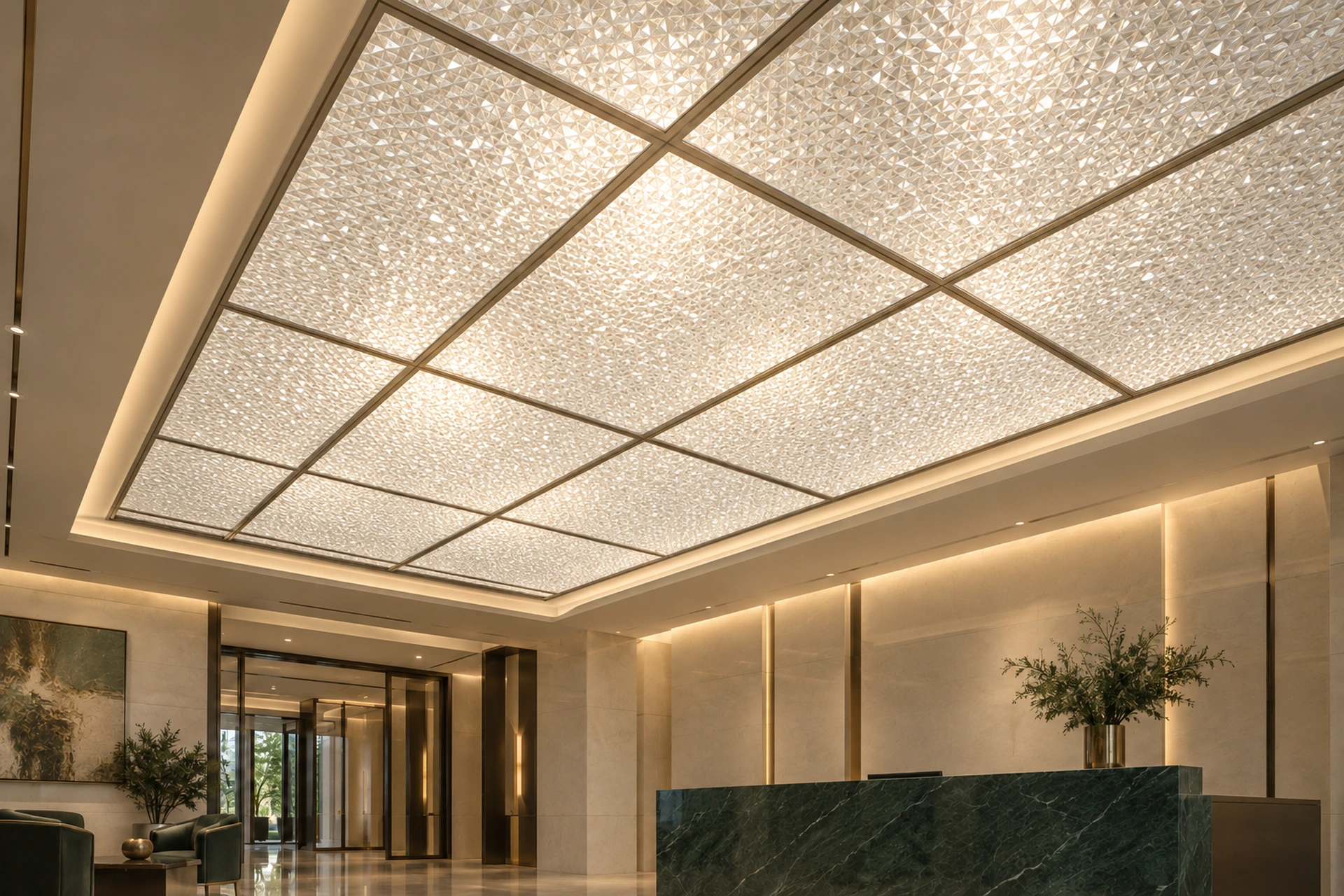 V-LITE Diamond polycarbonate ceiling with irregular crystalline surface texture — visualisation