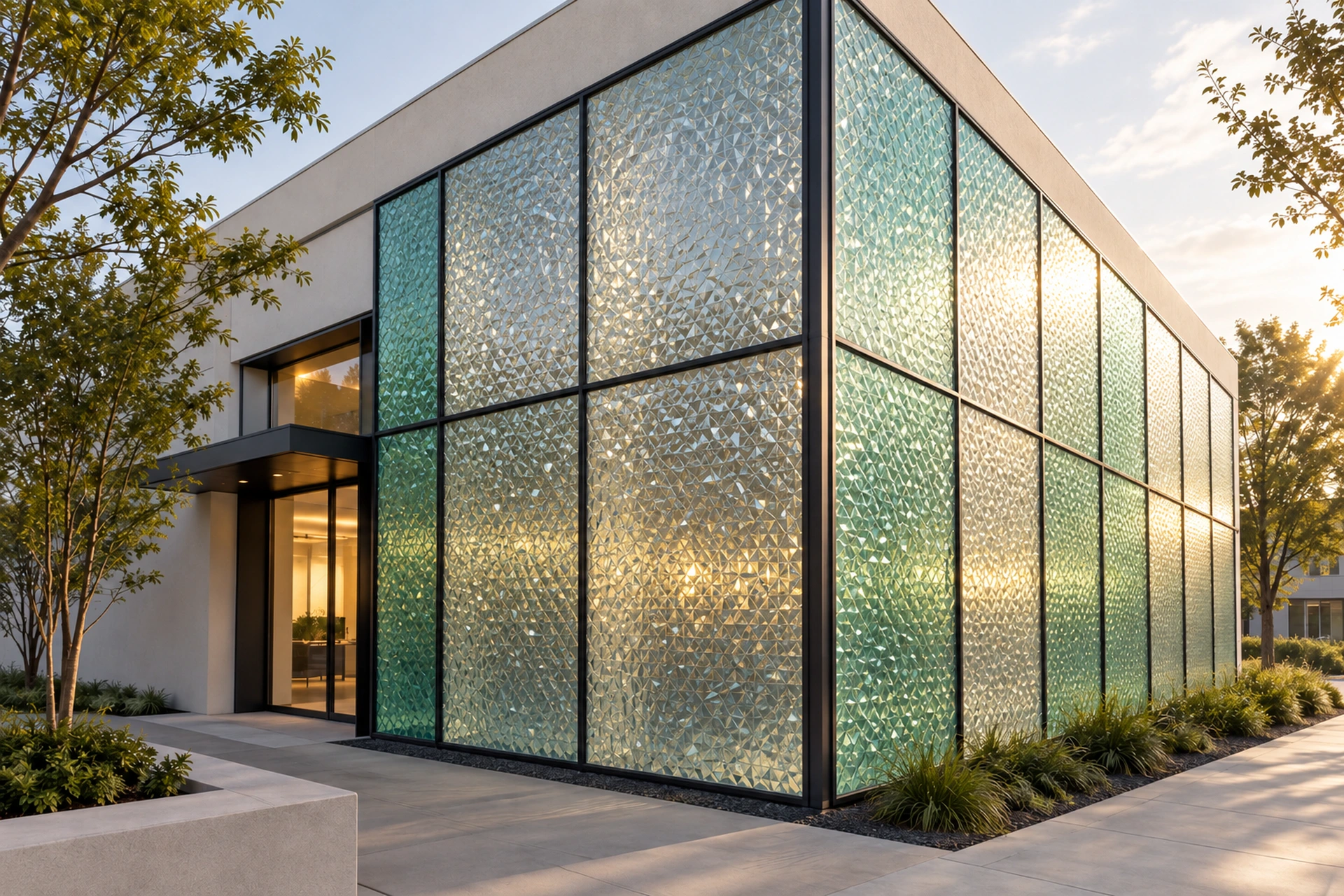 V-LITE Diamond polycarbonate facade with irregular crystalline surface texture — visualisation