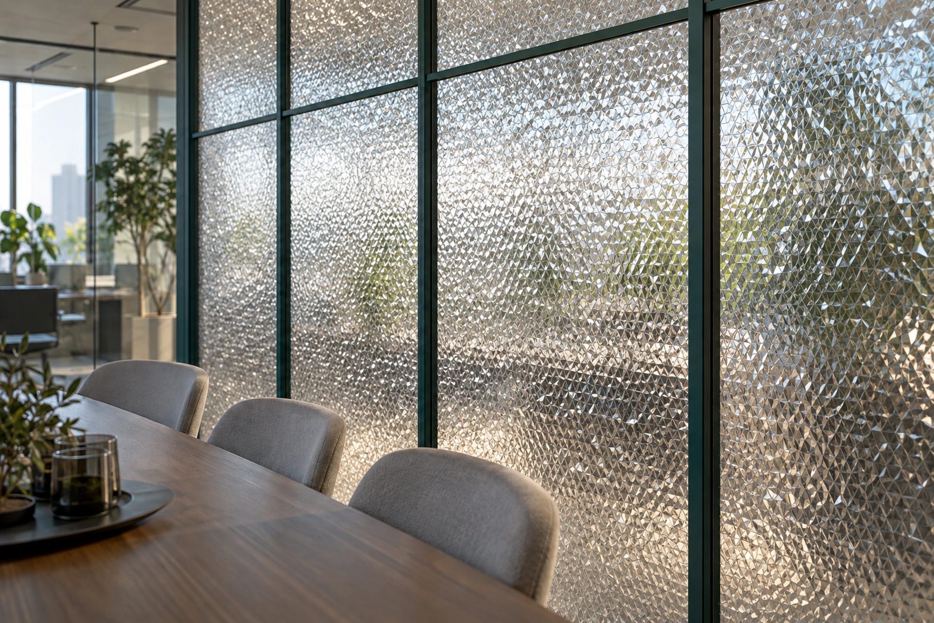 V-LITE Diamond polycarbonate partition with irregular crystalline surface texture — visualisation