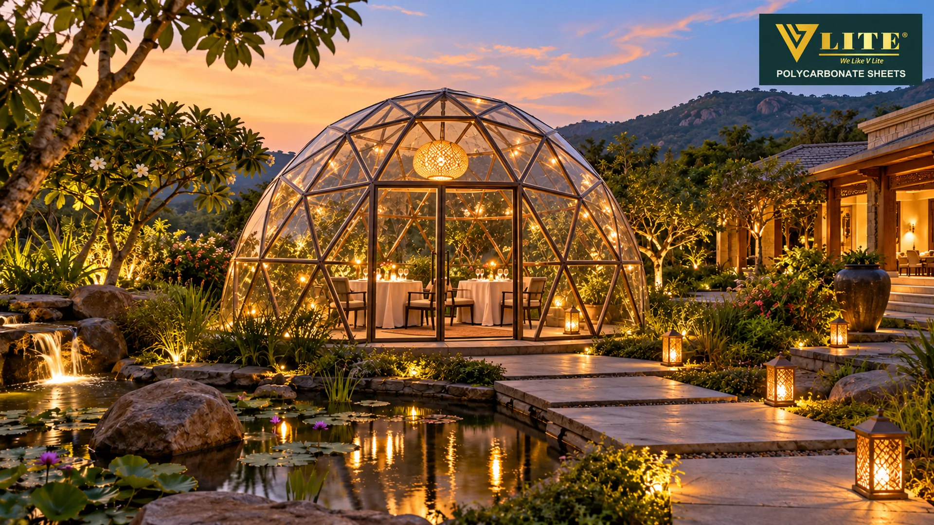 Transparent dome dining pavilion in a landscaped resort garden