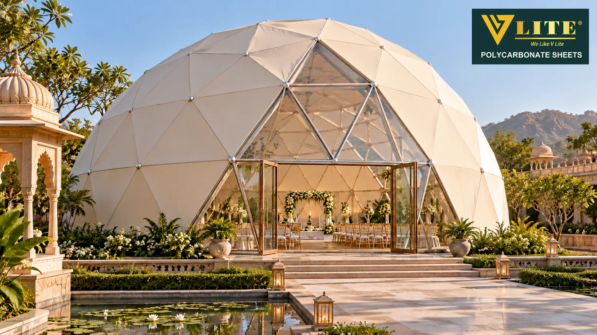 Ivory event dome with clear entrance and wedding seating