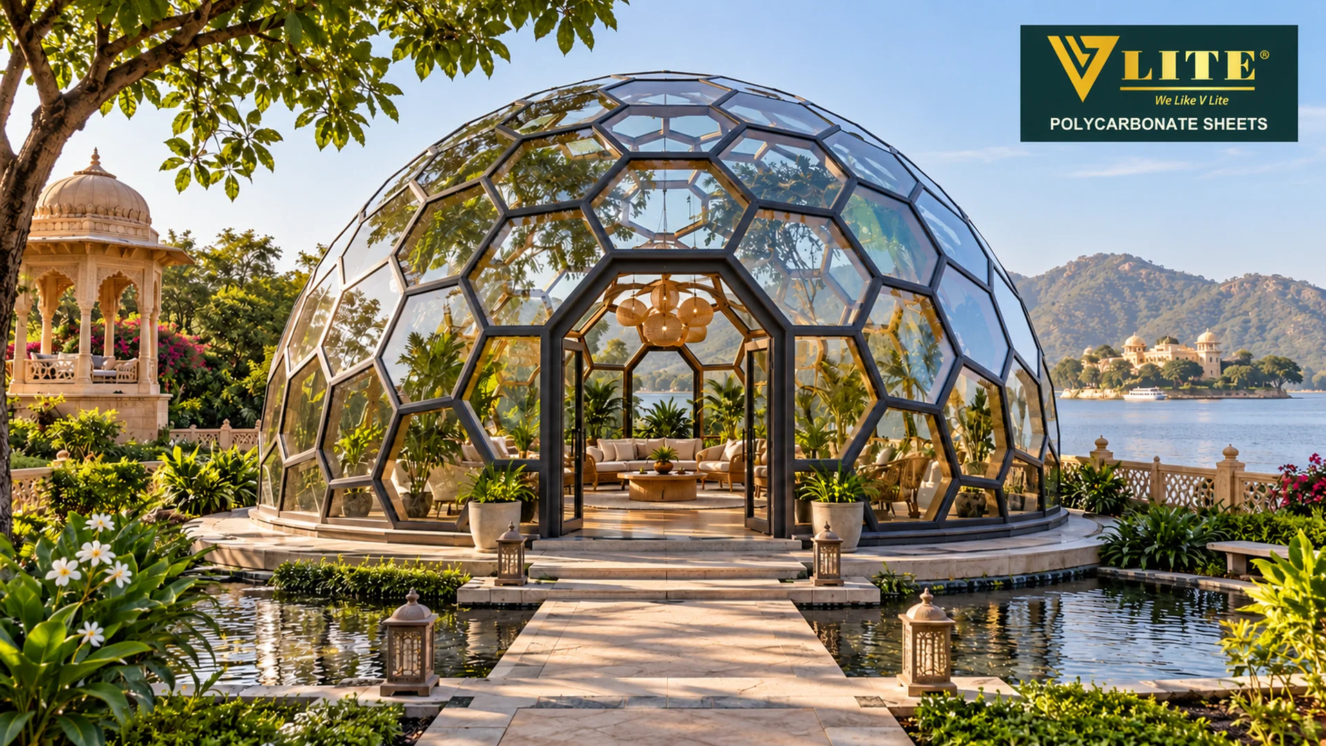Honeycomb glazed dome pavilion beside an Indian lake
