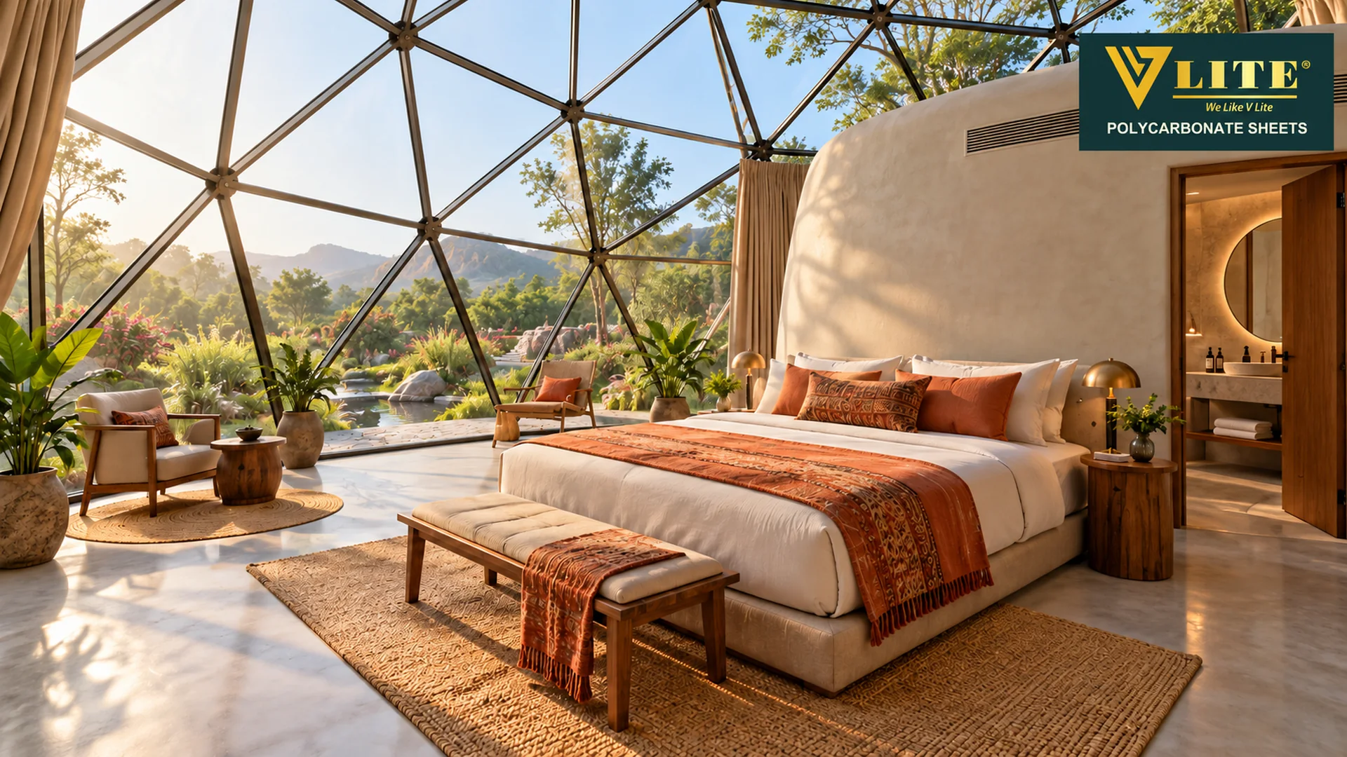 Geodesic suite interior with garden views and private bathroom wall