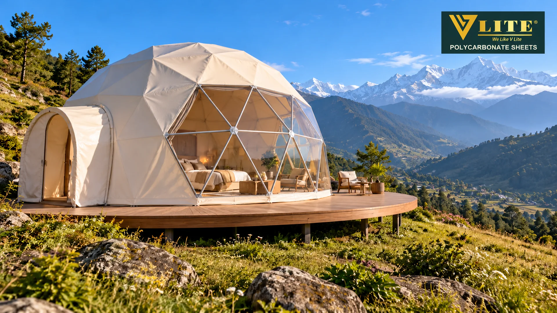 Ivory membrane glamping dome with a triangular panoramic window