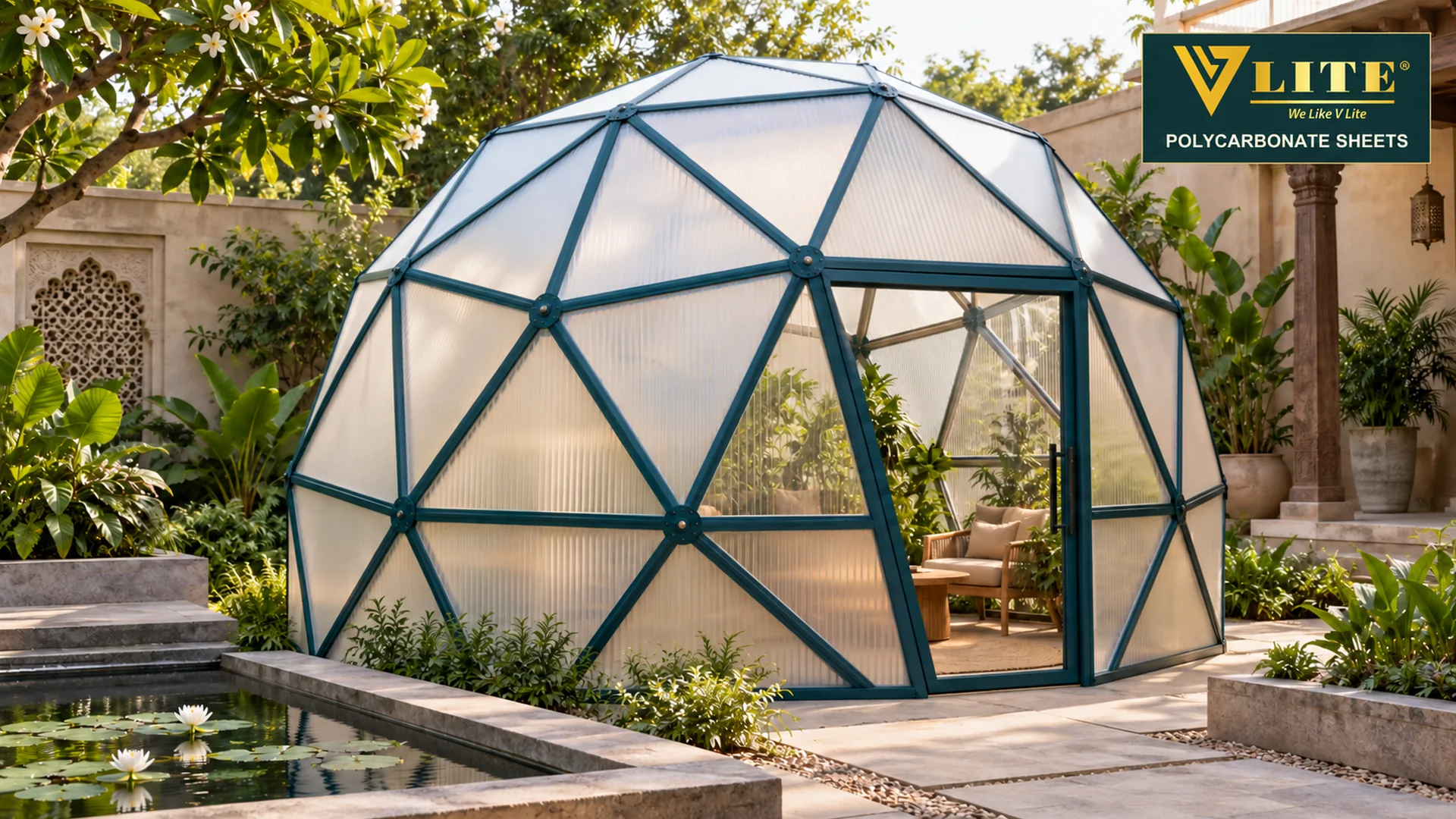 Translucent polycarbonate panel dome with dark structural framing