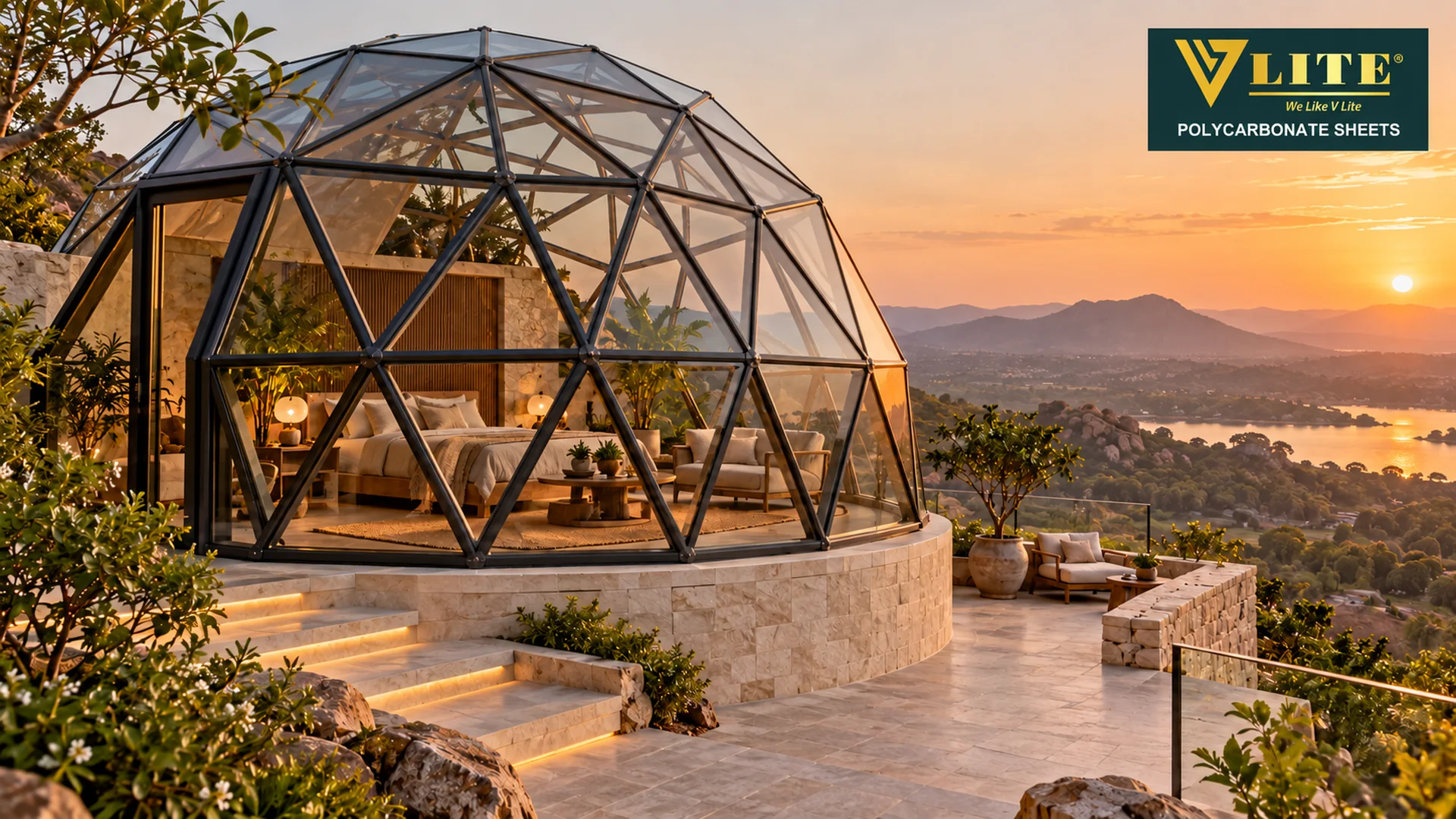Triangular-frame glass dome on a landscaped hillside terrace