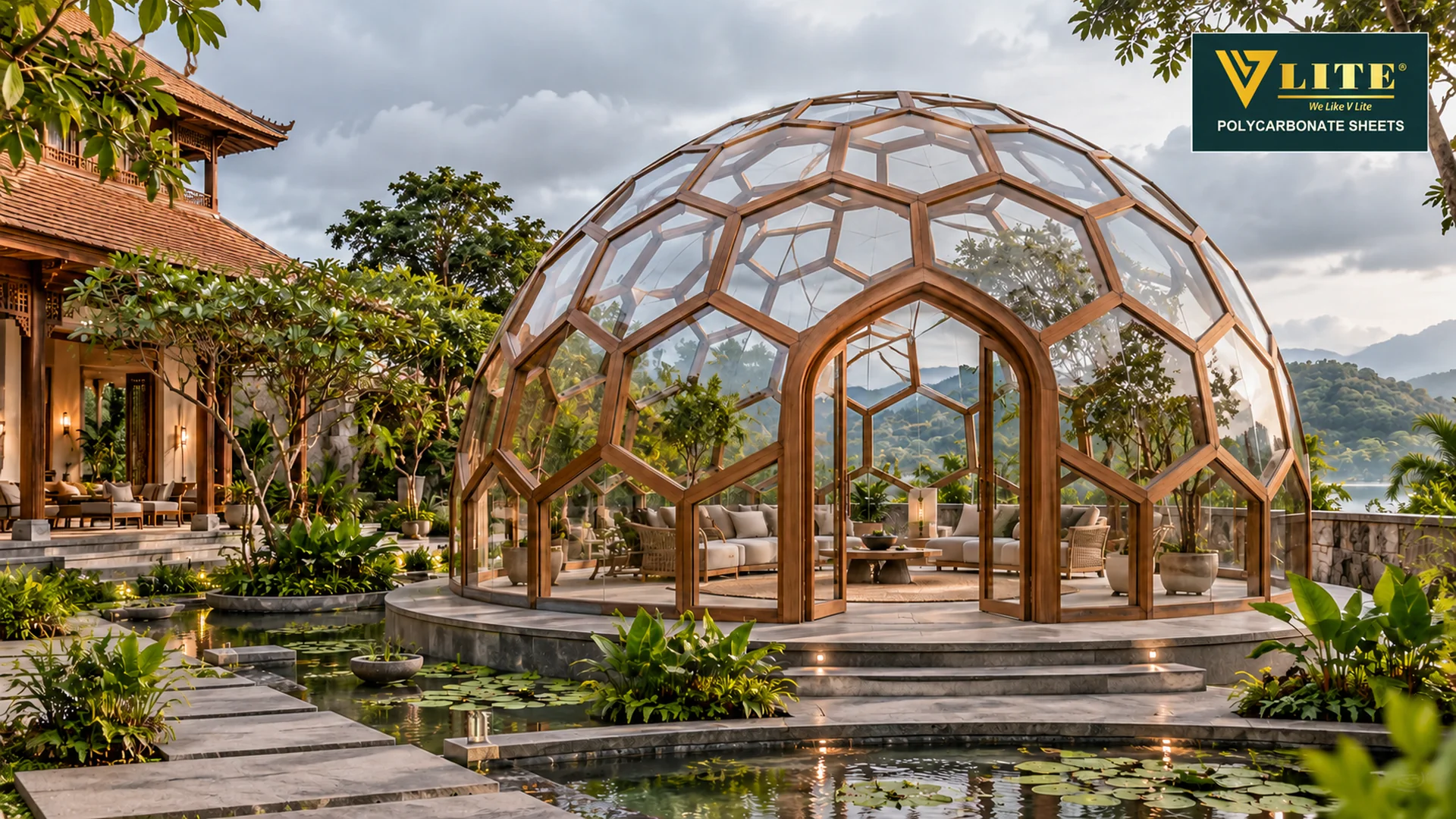 Wood-tone framed honeycomb glazed dome in a resort courtyard
