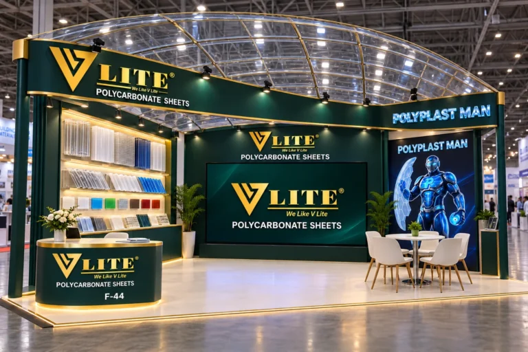 Main 3D reference: clear curved roof, V-LITE brand screen, rounded reception and flat printed banner.