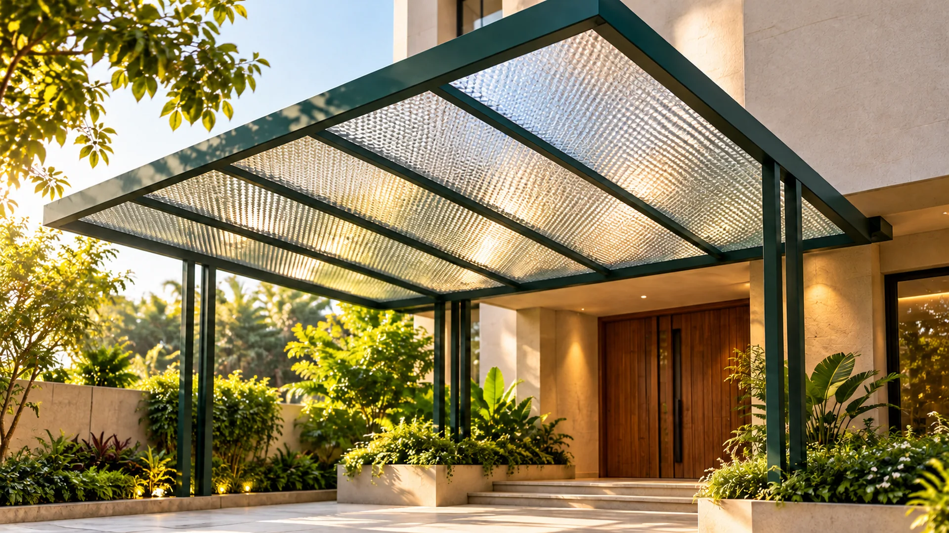 Framed translucent prism-patterned canopy over an entrance concept