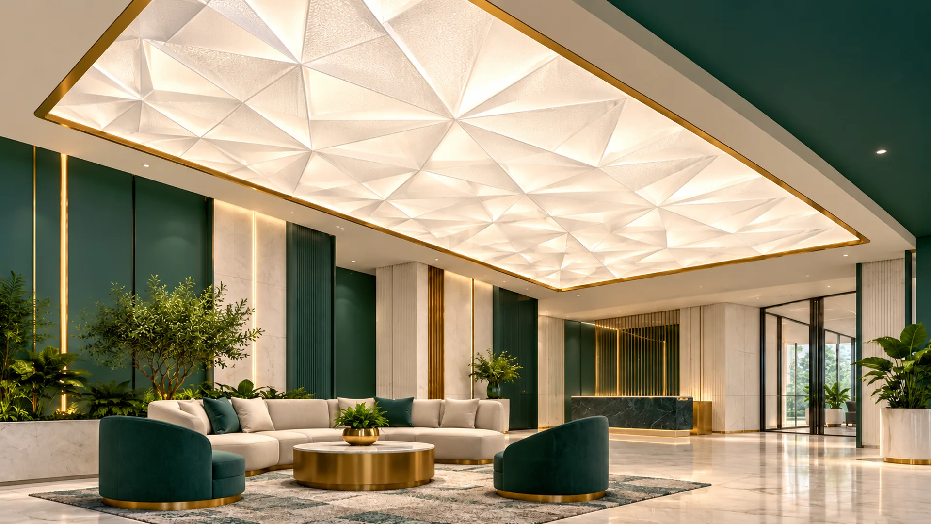 Prismatic textured ceiling light panel in a lobby concept