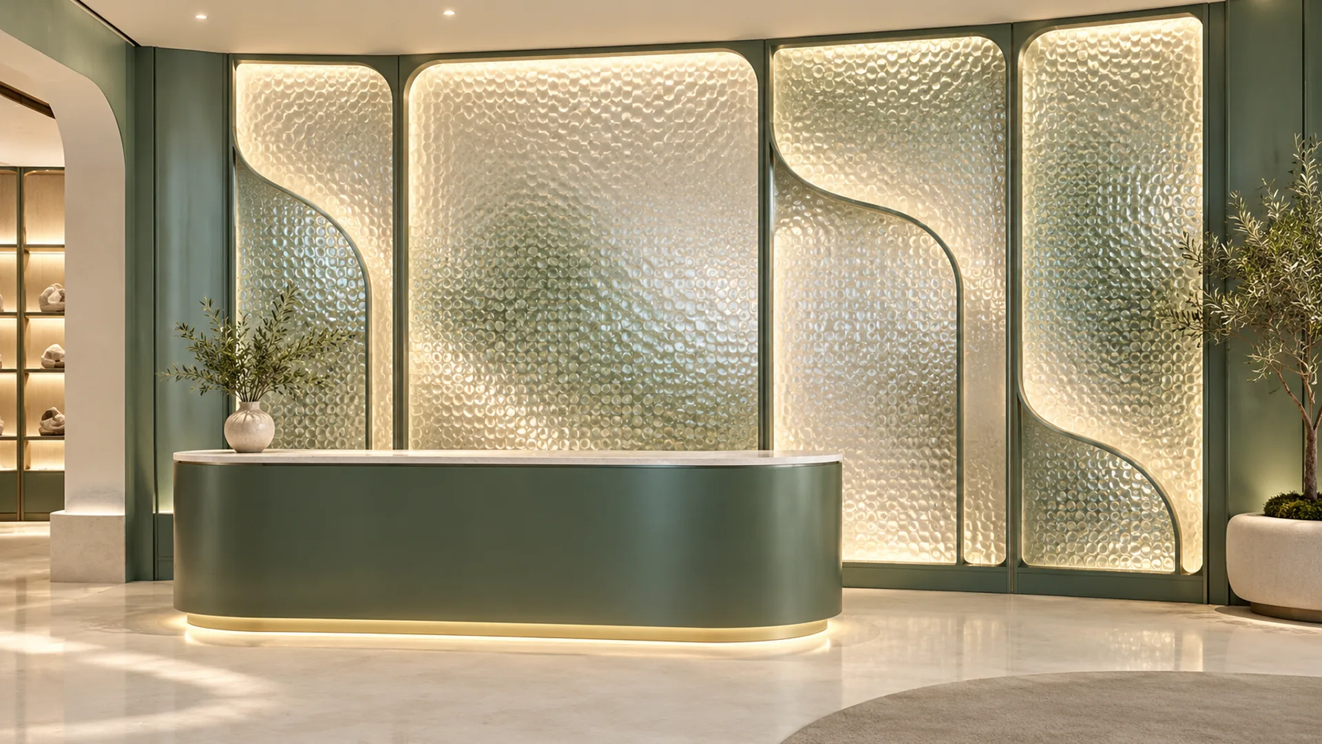 Raindrop textured feature panels behind a reception desk concept