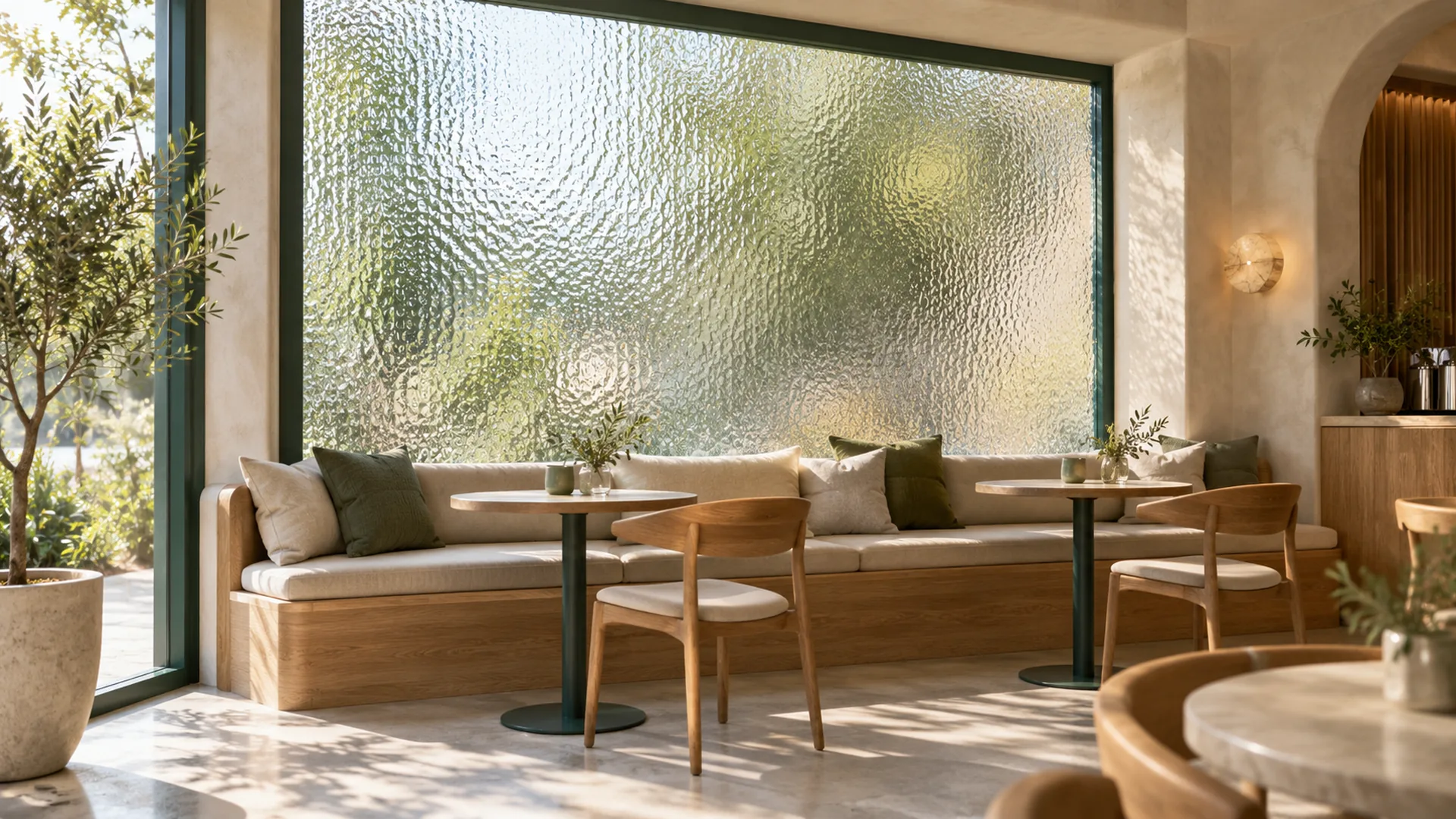 Raindrop textured decorative glazing in a cafe concept