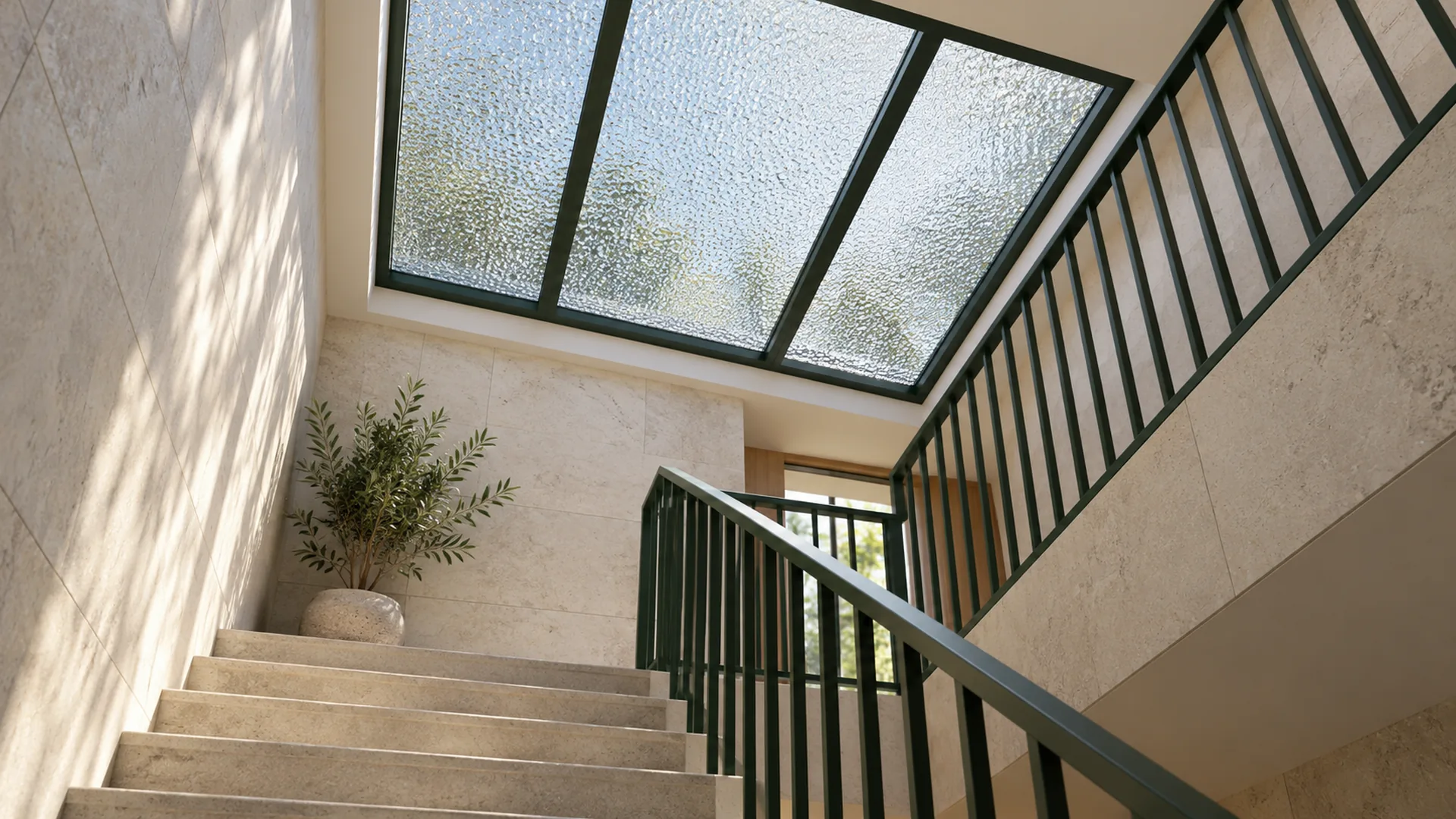 Raindrop textured rooflight over an interior stair concept