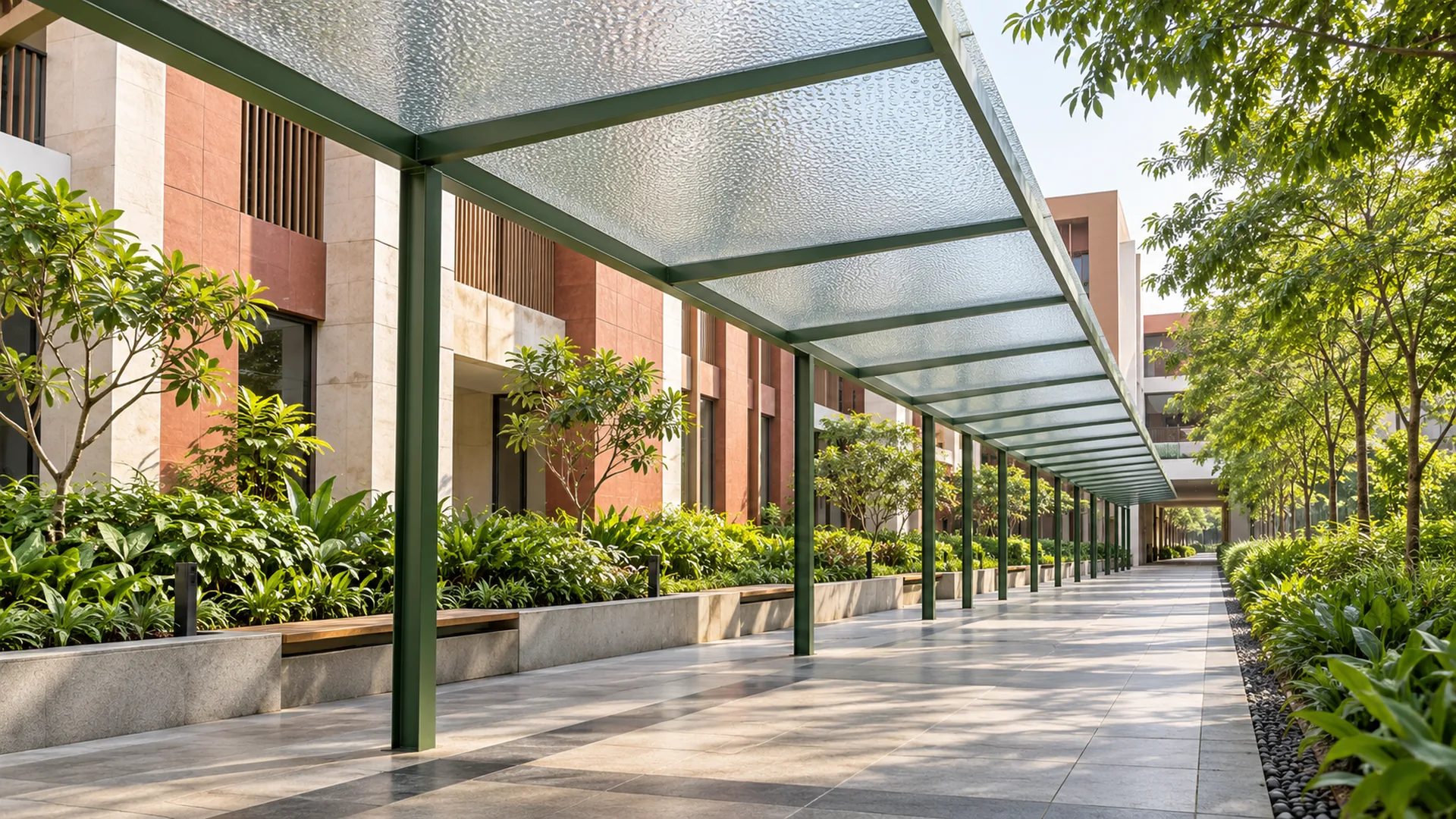 Raindrop textured roof panels over a covered walkway concept