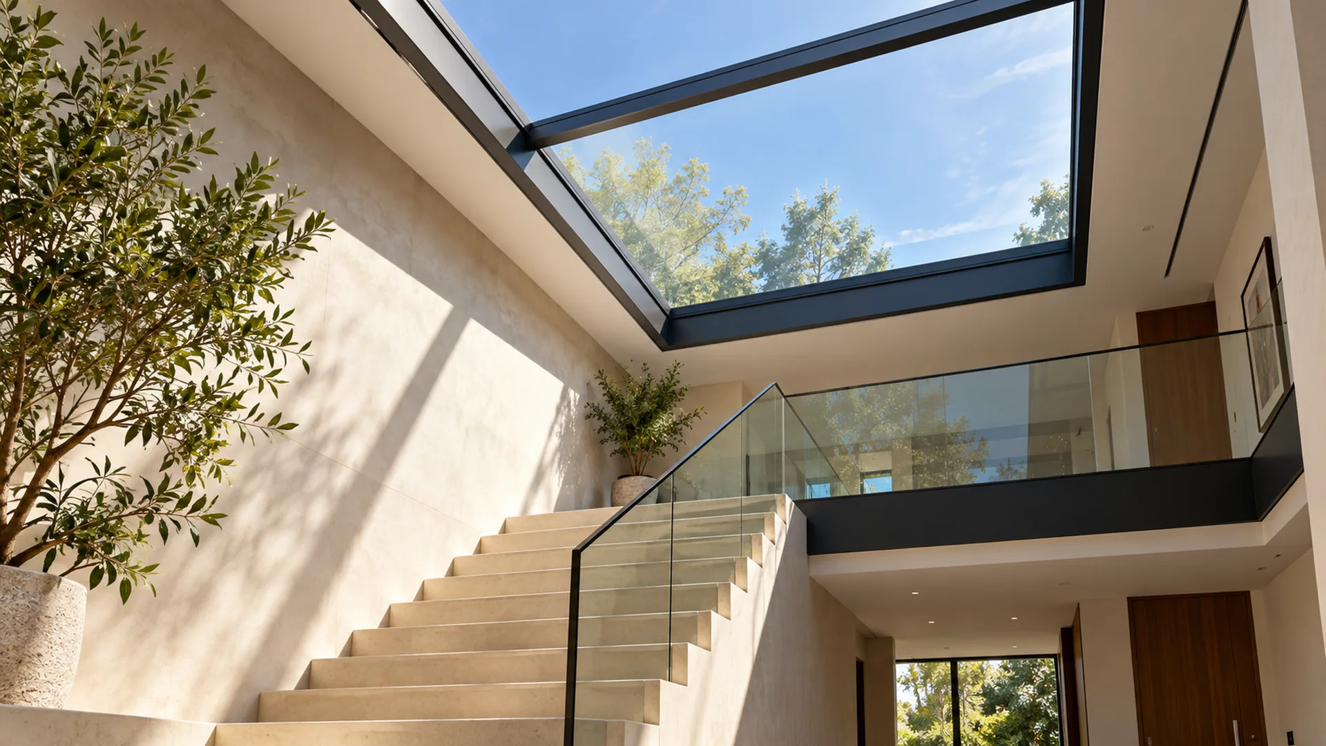 Clear compact polycarbonate rooflight above stairs design concept