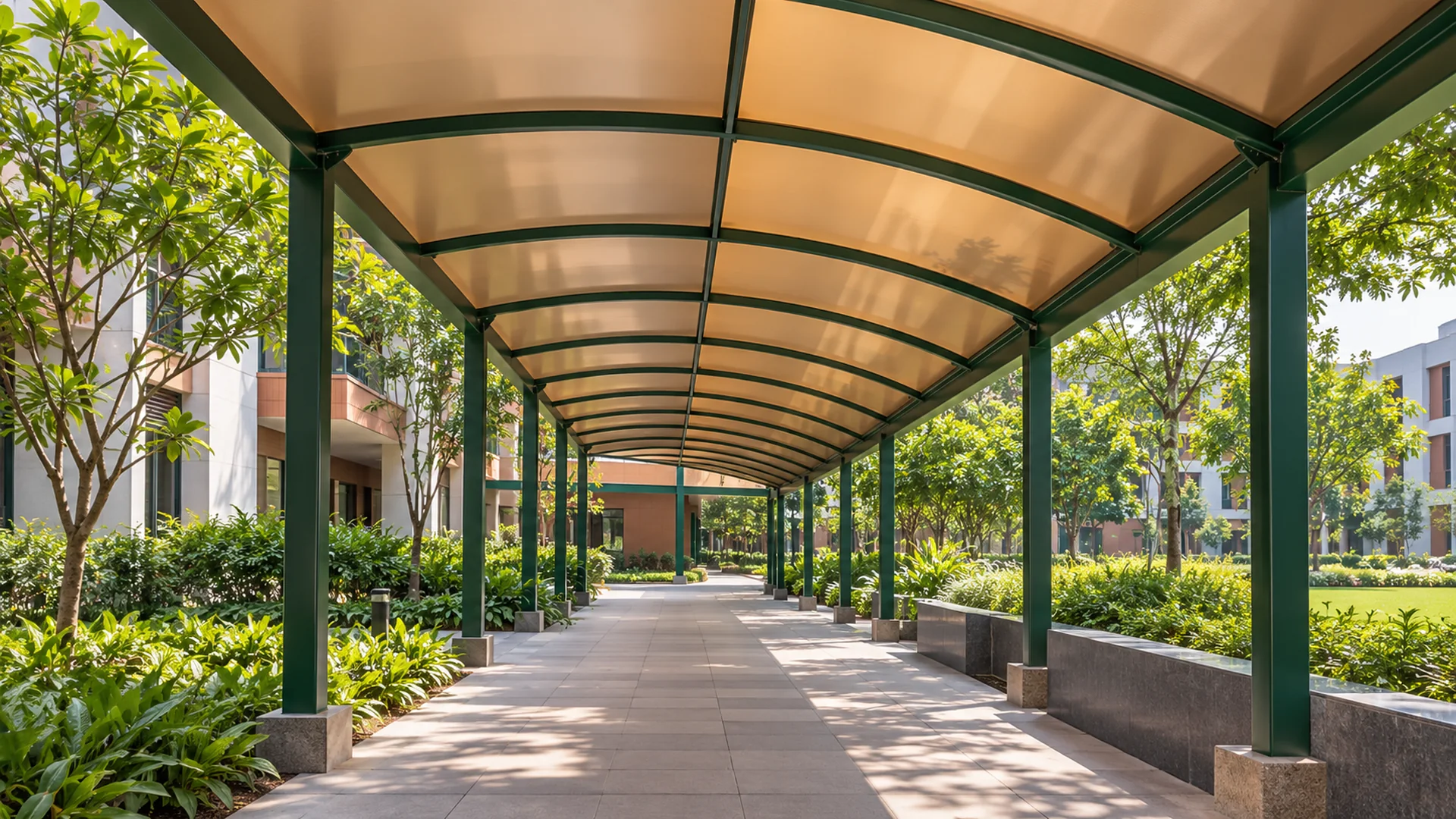 Bronze solid polycarbonate covered walkway design concept