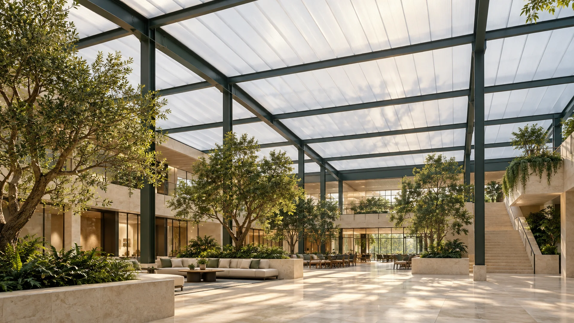 Translucent panel roof above a commercial atrium concept